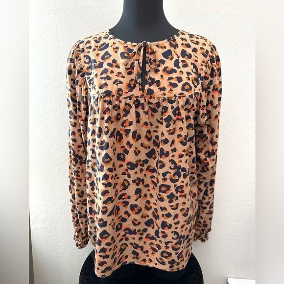 LOFT OUTLET | Cheetah Animal Print Blouse Long Sleeve Boho Peasant Top | Large - Picture 2 of 6